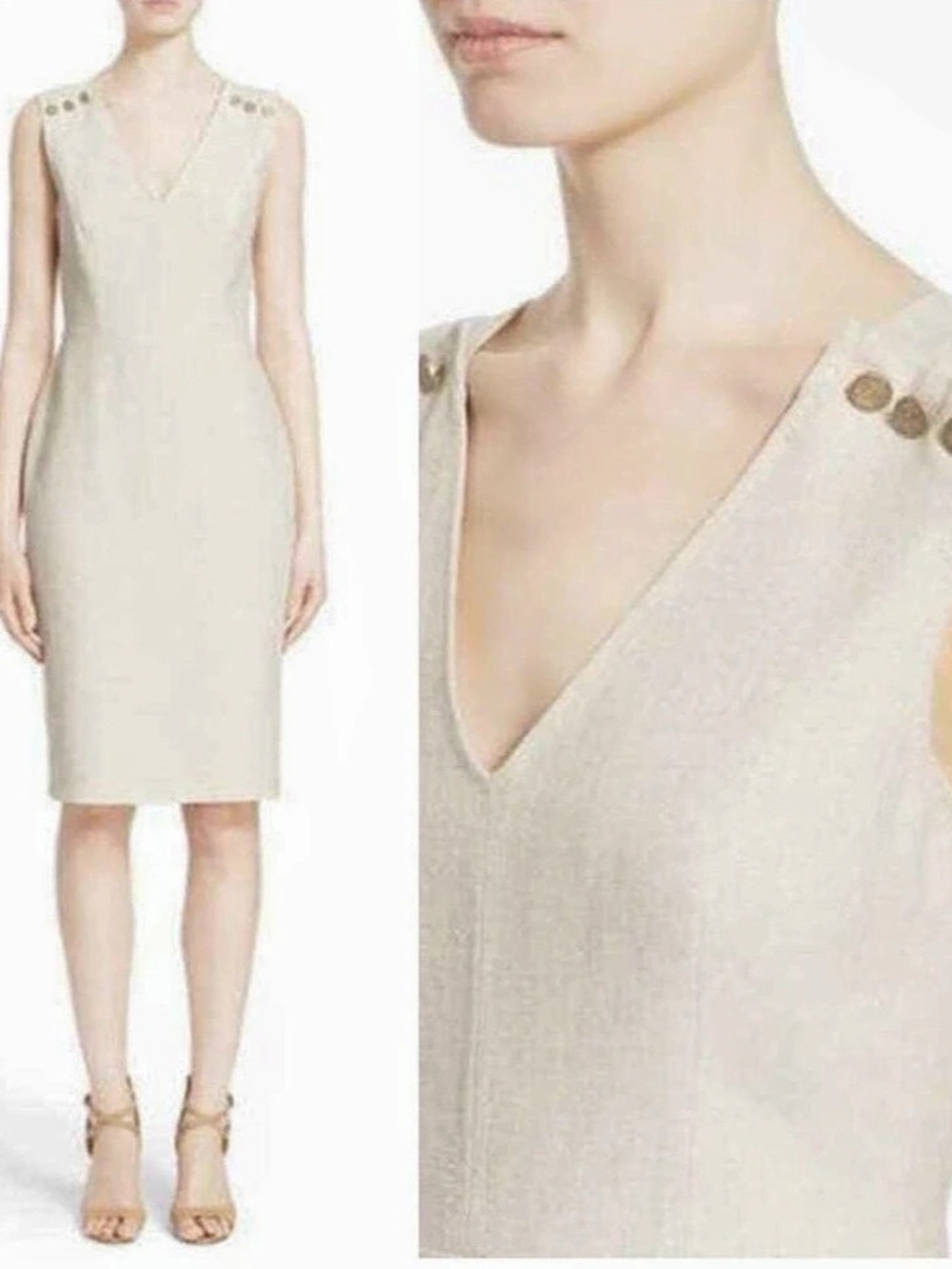 Max Mara Fido Beige Button Detail lined linen Dress